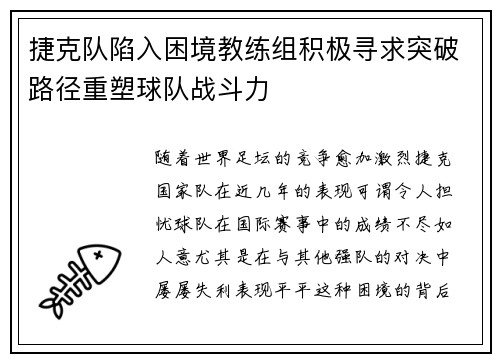 捷克队陷入困境教练组积极寻求突破路径重塑球队战斗力