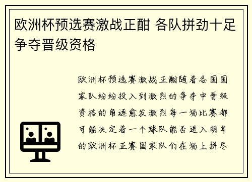 欧洲杯预选赛激战正酣 各队拼劲十足争夺晋级资格